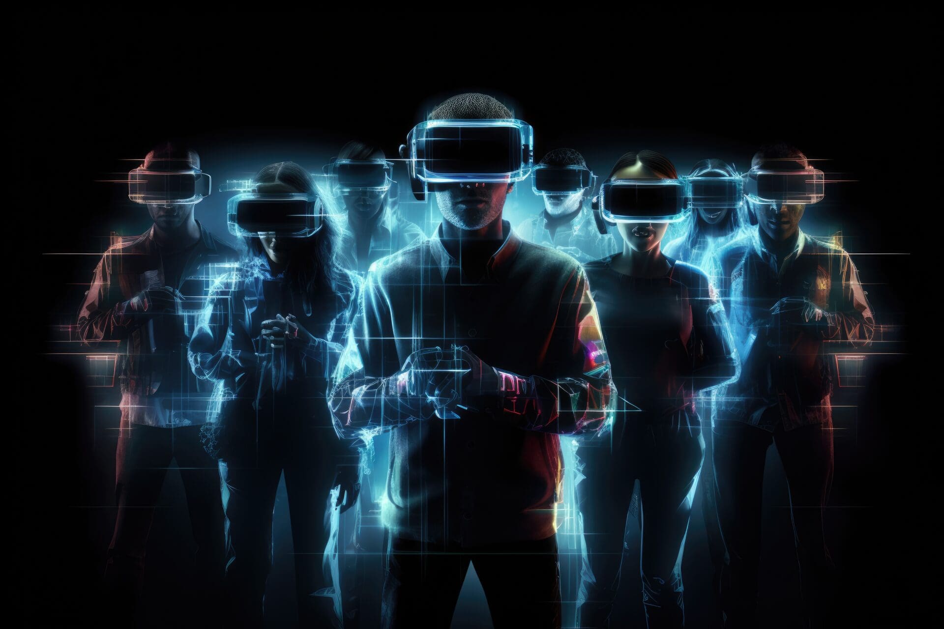 Group of people using virtual reality headset against black background with vignette, Modern people wearing VR headsets and standing, With hologram effect, full face, AI Generated